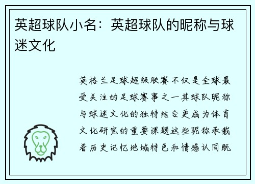 英超球队小名：英超球队的昵称与球迷文化