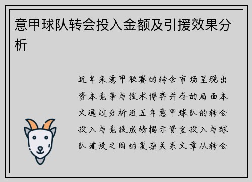 意甲球队转会投入金额及引援效果分析